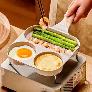 3 in 1 Non-stick Frying Pan Household Breakfast Egg Burger Frying Pot Steak Frying Pan with Wooden Handle
