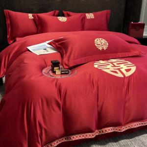 Red Washed Cotton Flannel Bedding Set for Wedding