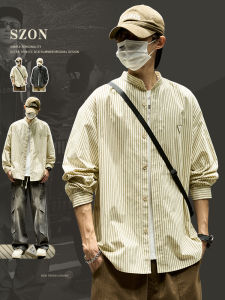 Shirt Mens Long Sleeves Spring and Autumn Japanese-Style Retro Contrast Color Stripes Casual Shirt Boys Trend Hong Kong Style Overalls
