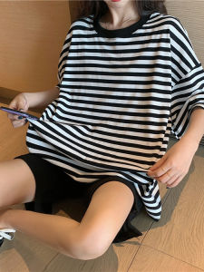 Summer New Womens Loose Fit Striped Short Sleeve T-Shirt Retro Large Version Korean Style Commute Cotton Polyester Blend Moisture Wicking Thin Model Mid-Length Trendy Top