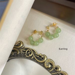 Retro Chinese Style Small Elegant Ladylike Green Imitation Jade Bead Earrings Gold Plated 14K Yang Green Stud Earrings