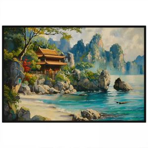 Tranh biển đảo quê hương phong cảnh ngôi chùa ven biểntranh treo tường dán tường trang trí phòng khách phòng thờ.CGI-614