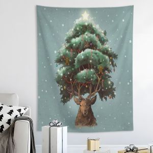 VIKAMA Watercolor Snow Scene Christmas Tree Tapestry HD Wear-Resistant Background Cloth for Winter Living Room Decor