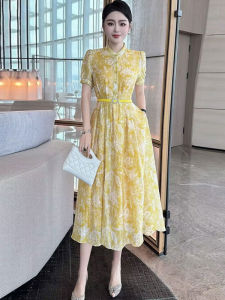 Fashionable Summer New Womens Dress Luxury Light Vintage Print Belted Linen Full Skirt Stand Collar Short Sleeve Zipper Closure
