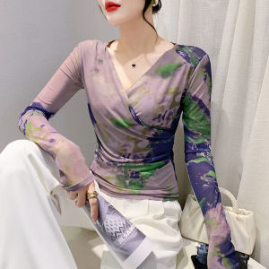 YIMEI สำอางเสื้อคอวี 2023 ถูกซุปแสดงใบไม้ ร่วง/สมุด ระบบระบายสำหรับเสื้อยืดผ้าตา คอวีแนวแขนยาว แข็งแกร่งที่พิมพ์ลาย ปรับปรุงราคา