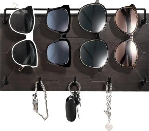 Sunglass Organizer Wall Key Holder Decorative Wood Wall Jewelry Organizer Glasses and Sunglass Holder Display with 5 Hooks Key Rack Hanging Eyeglass Storage for Entryway Living Room Home Decoration