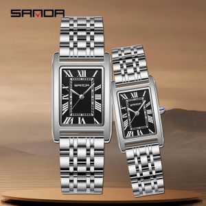 SANDA New Fashion Couple Tank Quartz Watch Rectangular Design Dial Waterproof Watch Luxury Stainless Steel Business Lovers Watch