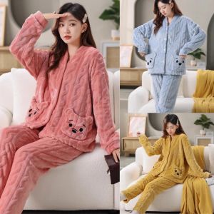 Thickened Warm Coral Velvet Pajamas Womens Autumn and Winter Padded Cartoon Bear Striped Flannel School Pajamas Winter Homewear