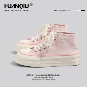 HuanQiu | Pink Thick-soled Canvas Shoes Classic High-top Elevating Casual Shoes