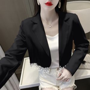 Fall Womens Short Suit Jacket Diamond Embellished Slimming High Waist Casual Open Cardigan Design Trendy Braid Detailing