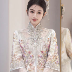 New 2025 Elegant Chinese Style Wedding Dress Heavy Embroidery Malay Bride Gown Fashionable Long Sleeve Polyester Fabric