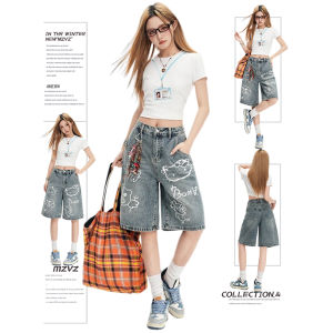 MZVZ | Cute Cartoon Kitten Doodle Casual Loose Fit 5-inch Denim Shorts