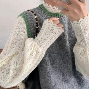 chaqi | Charming Lace Long Sleeve Fleece Lined Half High Collar Base Shirt For Autumn Winter Commute Style Versatile Inner Wear Mesh Top