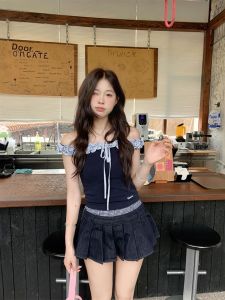 VKSOD | Korean College Style Womens Summer 2025 Floral Lace Trimmed One Shoulder Blouse With Pleated Skirt Two Piece Set Fashionable