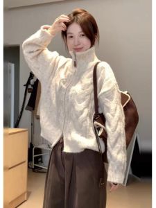 WANGGONGZHU | Zipper High Neck Knitted Sweater Women Loose Lazy Style Spring Autumn Fashion Slimming Outerwear Princess Style Long Sleeve