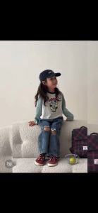 Style Terbaru Setelan Anak Perempuan T-shirt Lengan Panjang Bahan Katun+ Celana Jeans Panjang Motif Lucu