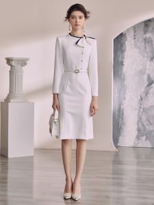 Elegant White Formal Dress for Women – Travel Code OL Style Mid-Waist Long Sleeves Zippered Work Clothing Polyester Material Midi Length