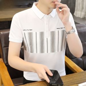 HENGYUANXIANG | Hengyuanxiang Mens Short Sleeve POLO Shirt Summer Fashion Embroidery Striped Shirt Casual Breathable Thin Cotton Polyester Blend