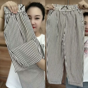 Retro High Waist Wide Leg Pants Vertical Stripes Thin Casual Loose Female Summer Comfortable Trousers Casual Straight Leg Jeans