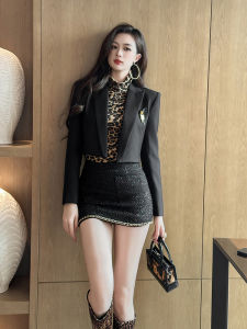 Elegant Black High Waist Suit Jacket Short Fashionable Korean Version Womens Top Quality Polyester Ammonia Fiber Casual Wear