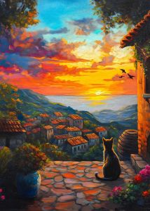 Black Cat Landscape Poster Santorini Mediterranean Scenic Canvas Painting Frameless Aesthetic Travel Wall Art for Home Decortion