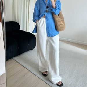 Quần Ống Rộng Vải Lanh Trắng Mùa Hè Mỏng Co Giãn Cạp Cao Vải Lanh Cotton Quần Dài Ống Đứng Nhanh Khô Quần Dài Thường Ngày Cho Nữ