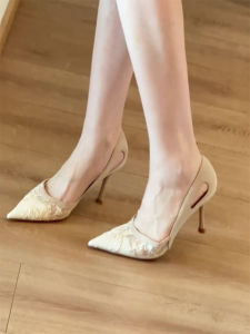 Elegant Lace Mesh High Heels Womens Shoes Sheepskin Version Spring New Style for Cheongsam Sharp Pointed Toe Hollow out Fashionable