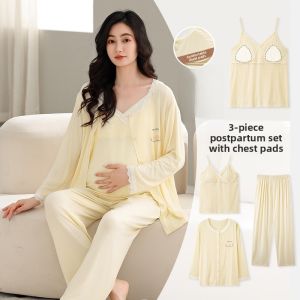 MiiOW | Pregnant Women Sleepwear Thin Summer Home Clothes Set With Chest Pad Maternity Postpartum Ladies Long Sleeve Round Neck Dress