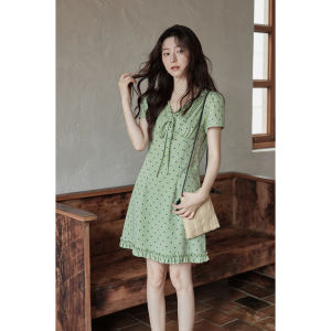 seemon | Đầm Xanh Đốm Vòng Cổ V Hàn Quốc Mùa Hè
