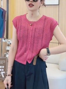 Shalldoer | Fashionable Pink Hollow Out Knitted Short Sleeve Cardigan Womens Summer Thin Versatile Top Small Size Commute Style Pure Color