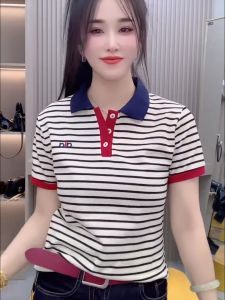 QIAOXIZI | Summer Short Sleeve Polo Shirt Fashion Stripe Collar Loose Casual Womens