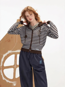 unifree | Áo Cardigan Knit Sọc Có Mũ Phong Cách Retro