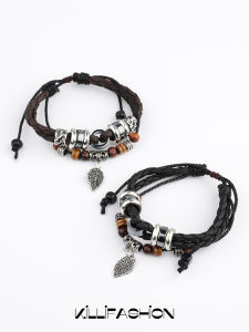 Leaf Shaped Pendant Double Layer Leather Cord Bracelet Male and Female Personality Retro Hand-Woven Leather Bracelet Adjustable Ornament