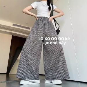 Quần Ống Đứng Kẻ Caro Cổ Điển Cho Nữ Xuân Thu Quần Ống Rộng Cạp Cao Rộng Rãi Thoải Mái Quần Dài Thường Ngày