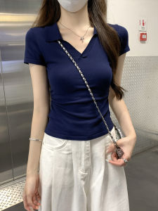 เสื้อสเวตเตอร์ถักคอโปโลผู้หญิงฤดูร้อน 2025 ทรงเข้ารูป สไตล์เกาหลี ทรงพอดีตัว แขนสั้น เสื้อคลุมยาวปานกลาง