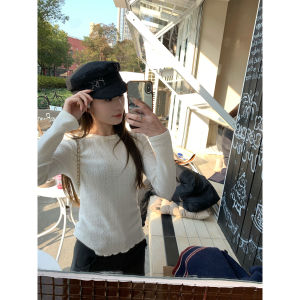 Vivian Girl Butterfly Knot Design Long Sleeve Knitted T-Shirt Womens Slim Fit Base Layer Top Spring Season round Neck