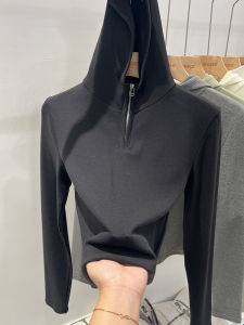 Black Cashmere Hoodie Womens Base Shirt Spring New Half Zip Short Sleeve Long Sleeve T-Shirt Trendy Commute Style Slim Fit