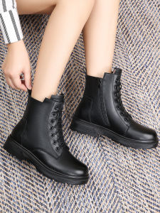 Yizuwang | Genuine Leather Martin Boots Womens Winter Warm Thick Bottom Soft Sole Fleece Lined Mid-Calf Short Boots Round Toe Zipper Closure