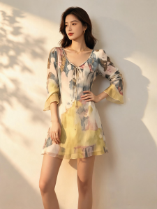 QINGNAER | Commute Style V-neck Printed Slim-fit Waist-tie Long Sleeve Dress