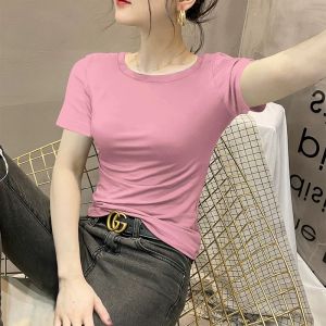 Black Pure Cotton Short Sleeve T-Shirt Womens Slim Fit round Neck Base Shirt Versatile Slimming Top Commute Korean Style Classic Print