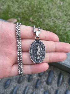 Nam 316L Thép Không Gỉ Chúa Luôn Ở Bên Bạn Mặt Dây Chuyền Vòng Cổ Đức Tin Cơ Đốc Trang Sức Hình Bầu Dục Đức Mẹ Đồng Trinh Thiết Kế