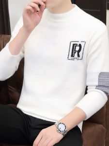 ROMON | Lormen Mens Knitted Half High Collar Sweater Fashionable Lazy Style Print Mink Velvet Base Layer Winter Long Sleeve Casual Loose Fit