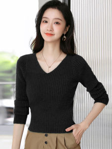 เสื้อสเวตเตอร์คอวีหนาทรงเข้ารูปสำหรับผู้หญิงในฤดูใบไม้ร่วงและฤดูหนาว 2025 ใหม่ ขนาดเล็ก เสื้อชั้นในทรงเข้ารูป ขนกระต่าย ขนสัตว์ ขนสัตว์