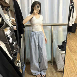 Quần Ống Rộng Cạp Cao Cho Nữ Mùa Hè 2024 Quần Dài Thường Ngày Mỏng Dài Đến Sàn Thoải Mái Phong Cách Hàn Quốc Có Túi