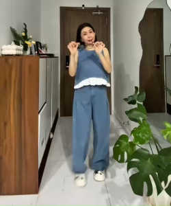 L _Outfit đi biển đồ nữ du lịch hè set Jean tiểu thư áo sát nách cổ tròn phối lai bí phối quần suông ống rộng phong cách Hàn Quốc