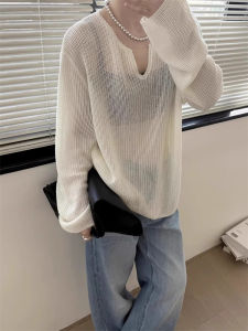 เสื้อสเวตเตอร์คอวีผ้าไหมน้ำแข็งถักหลวมๆ สำหรับผู้หญิง ฤดูร้อน 2025 ทรงหลวม ทรงเข้ารูป แขนยาว สีพื้น ทรงปกติ