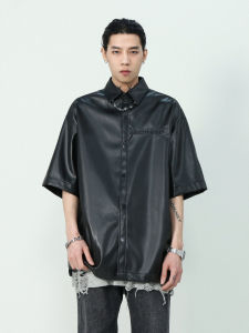Black PU Leather Short Sleeve Shirt Mens Design Sensation American Trendy Brand Handsome Top Summer Fashion Casual Wear