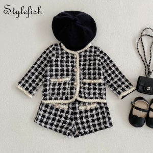 Two Piece Set For Spring And Autumn New Baby Boys And Girls Tweed Black Plaid Long Sleeved Shirt With Open Coat And Short Pant