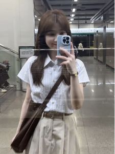 French Blue White Striped Short Sleeve Womens Shirt Summer Design Sensation Small Crowd Flying Sleeve Chiffon Doll Top