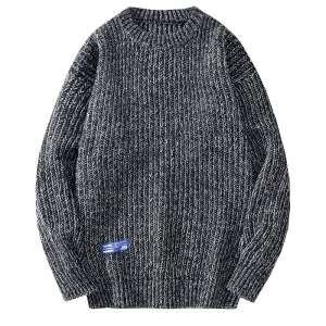 HENGYUANXIANG | Hengyuanxiang Mens Knitted Sweater Loose Fit Black Fashionable Autumn Winter Casual Round Neck Long Sleeve Soft Comfortable